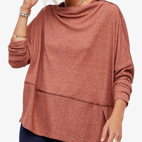 We The Free Sweaters - Free People Londontown Thermal Top Rust Orange Size Medium Asymmetrical Hem